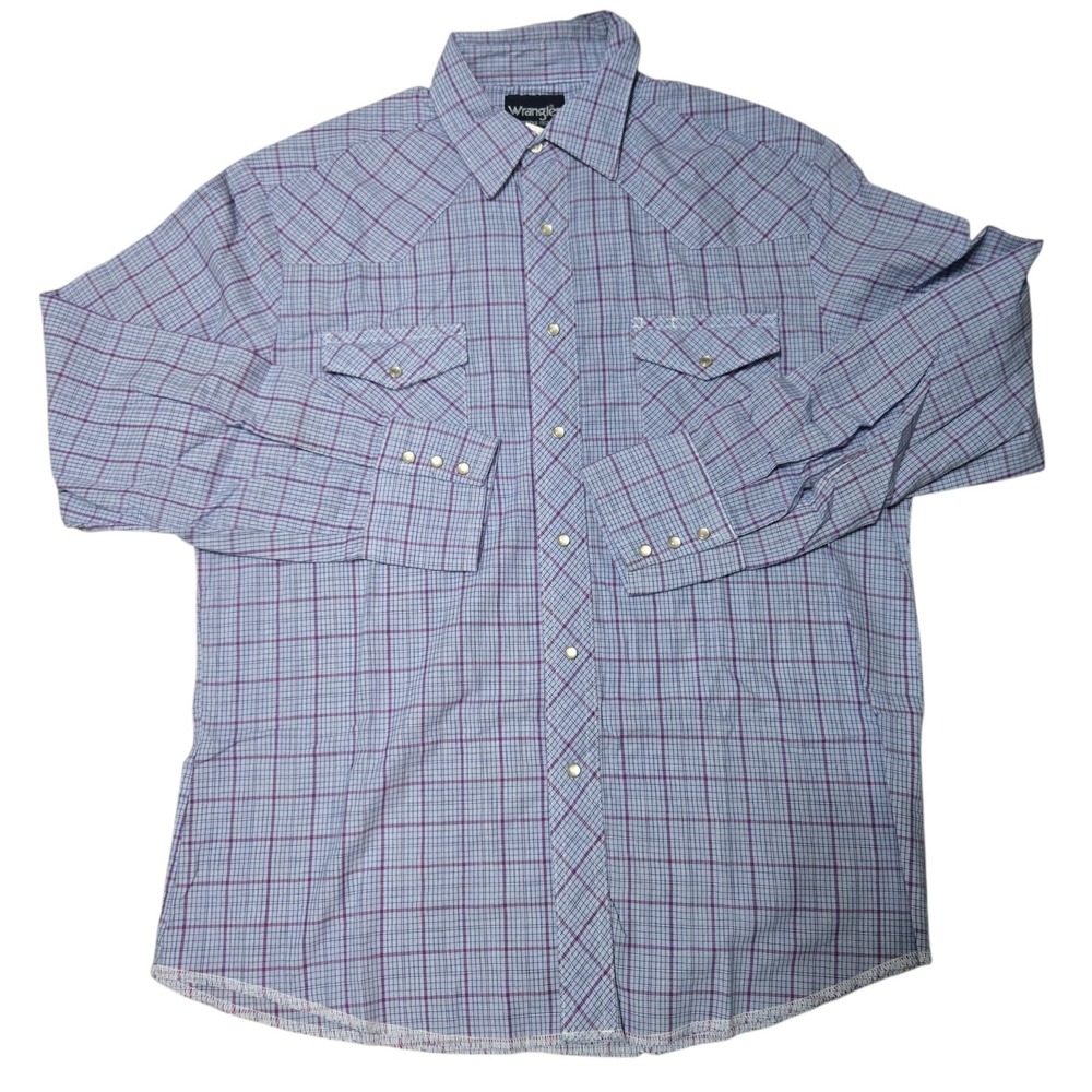 Wrangler Cowboy Western Shirt Mens Large Blue Stripe Pearl Snap Long Sleeve